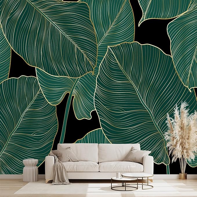 Black and Gold Leaf Mural Bedroom Tropical Green Botanical Wallpaper Room Plant Decor Living Room tv Background Large Wall Mural - 160"x108" (Not Peel and Stick)