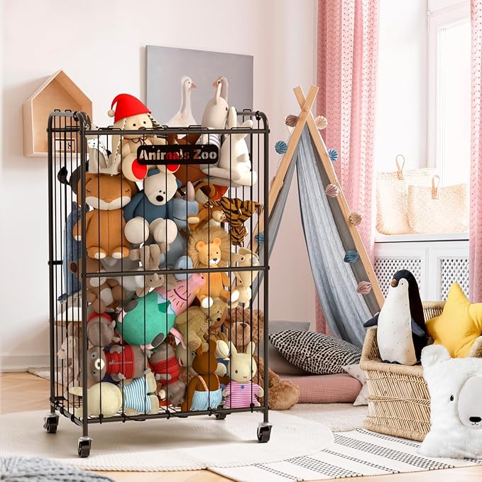 210L Stuffed Animal Storage Organizer Plush Toy Storage Organizer Stuffed Animal Toy Holder, Kids Toy Bins with Wheels, Metal Frame and Elastic Cord Design, Suitable for Storage of Big Toys