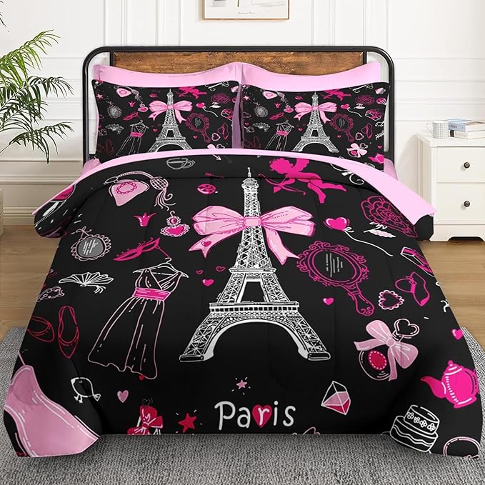 5 Pcs Twin Size Comforter Set with Pillowcase & Sham, Paris Eiffel Tower Bedding for Kids and Adults, Cute Pink Makeup Fashion Dress Bed in a Bag with Flat Fitted Sheet