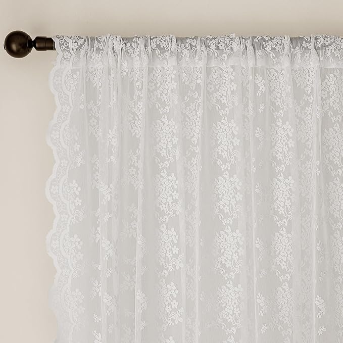 Anmao Vintage White Lace Curtains 102 Inches Long 2 Panels, Romantic Elegant Light Filtering Semi Sheer Floral Thick Lacy Curtain Drapes for Living Room and Bedroom, Each Panel 55W x 102L, Off White