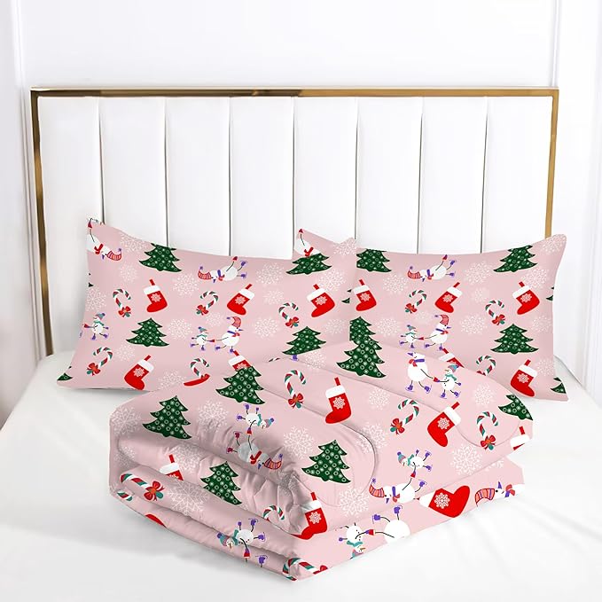 Pink Christmas Comforter Twin: Kids Bedding Set with Xmas Tree Snowman Stocking Candy Cane Snowflake for Teen Girls Boys Holiday Quilt Decor 1 Comforter & 1 Pillowcase