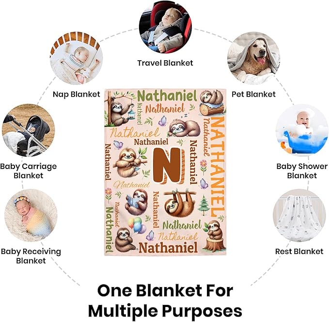 Personalized Custom Sloth Preschool Blanket Gifts for Baby Toddler Kids Boys Girls - Customized Sloth Super Soft Lightweight Flannel Sheets Decor for Crib Nap Couch - 30"x40" for Baby/Pets