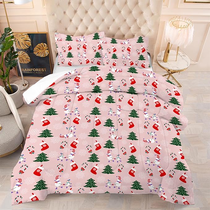 Comforter Set Pink Christmas: King Size Xmas Snowman Bedding Sets Cute Green Christmas Tree Snowflake Candy Cane Quilts Festival Decor Bed Set 1 Comforter & 2 Pillowcases