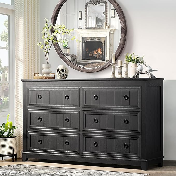 Farmhouse Living Room Sets, Night Stands Set of 2 and 6 Drawers Dresser for Bedroom, 58 Inch Wide Wood Dresser and 18.1" Night Stands with Charging Station for Bedroom, Living Room, Hallway