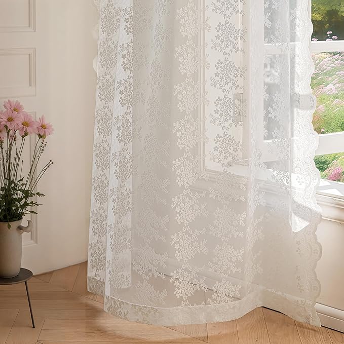 Anmao Vintage White Lace Curtains 72 Inches Long 2 Panels Set, Romantic Elegant Light Filtering Semi Sheer Floral Thick Lacy Curtain Drapes for Living Room and Bedroom, Each Panel 55W x 72L, Off White