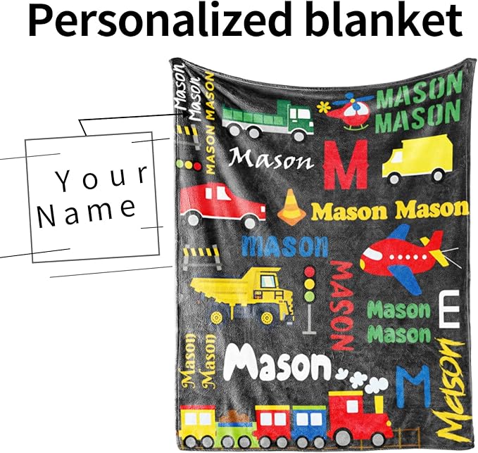 Custom Blanket with Name for Boys, Personalized Name Blanket City Transport, Soft Flannel Blankets Customized Gift for Children Day Birthday Christmas-40 x50
