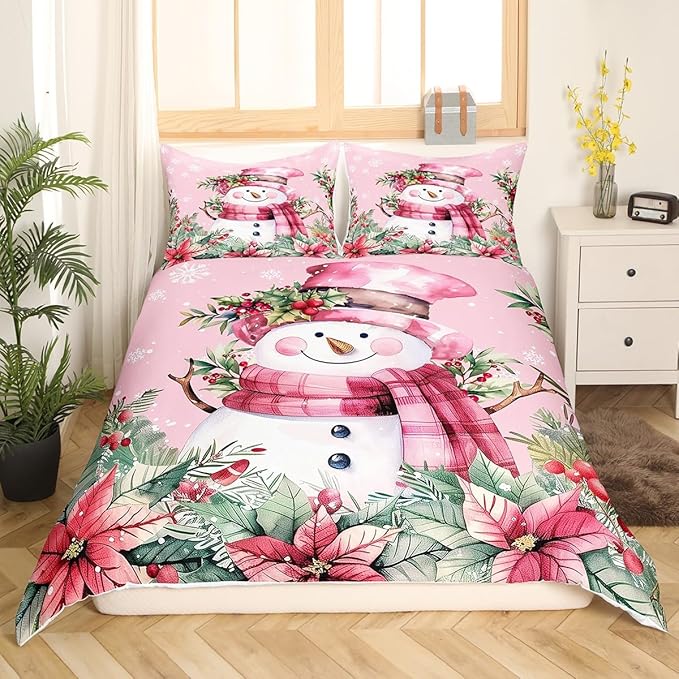 Manfei Xmas Snowman Duvet Cover Set Twin Size, Leaves Flower Snowflake Comforter Cover with 1 Pillowcase, Christmas Pink Bedding Set 2pcs for Kids Boys Girls Lightweight Bedspread Cover,No Comforter