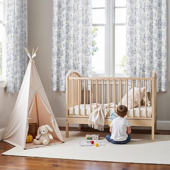 jinchan Linen Nursery Curtains 63 inch Long Woodland Wildlife Blue Print Drapes for Kid's Room Light Filtering French Country Farmhouse Curtains with Bunny and Forest Design Set of 2 Panels