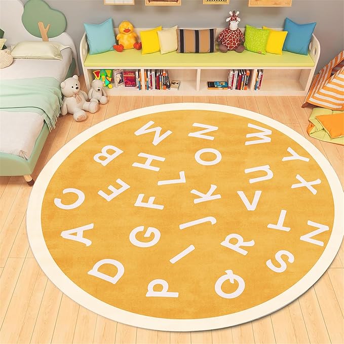 Round Playroom Area Rug,3ft,ABC Children's Round Bedroom Rug, Non-Slip Washable Baby Nursery Rug, Large Toddler Rug Educational Crawling Mat, Suitable for Nursery, School Classroom, Playroom
