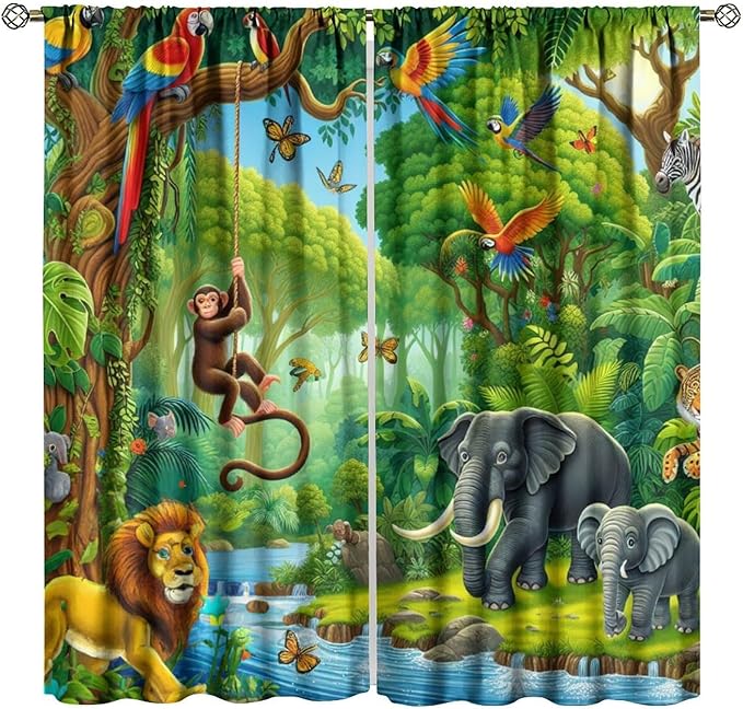Animals Window Curtain Cartoon Jungle Forest Elephant Lion Print Curtains for Kids Boys Girls Nursery Baby Bedroom Playroom Home Decor Window Drapes 63" W X 72" L