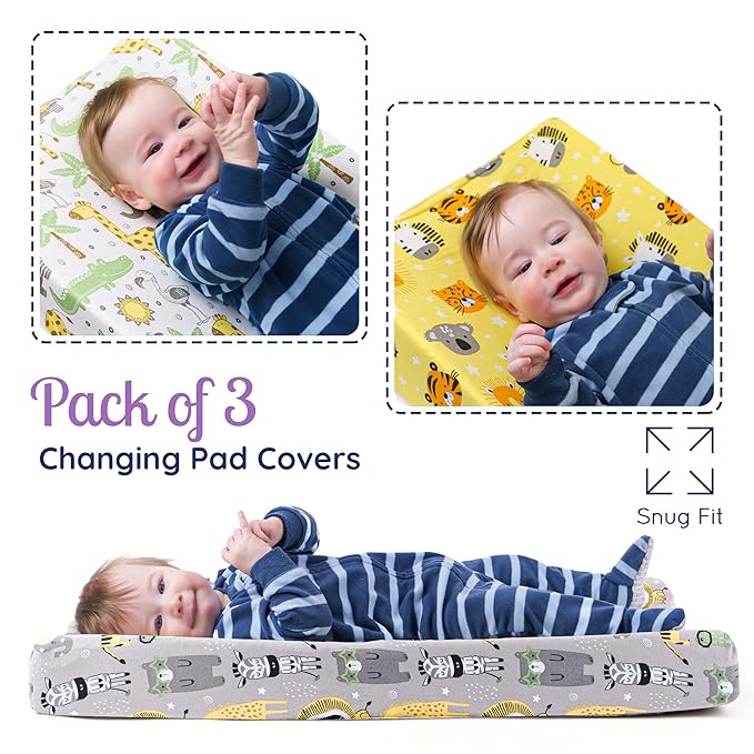 GROW WILD Changing Pad Cover 3 Pack | Soft & Stretchy Jersey Cotton | Baby Changing Table Pad Cover | Diaper Changing Pad Covers for Girls and Boys (Animals & Safari)