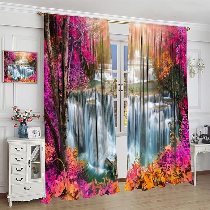 Waterfall Blackout Window Curtains, Nature Landscape Fores Theme Rod Pocket Window Drapes, for Living Room Bedroom 84" W X 84" L