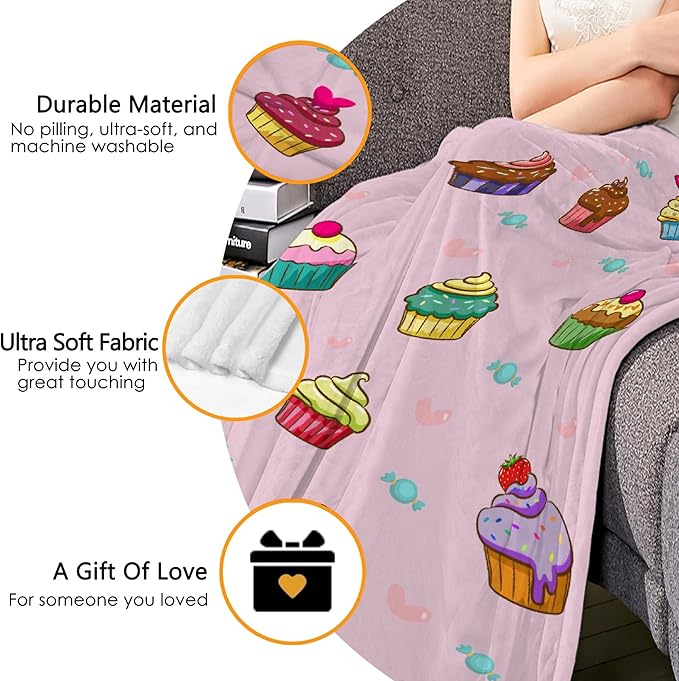 Thuswarm Cupcake Candy Pink Flannel Throw Blanket Warm Cozy Soft Funny Print Blankets for Bed Couch Sofa Room Decoration Gifts 40”×30” XSmall for Pets