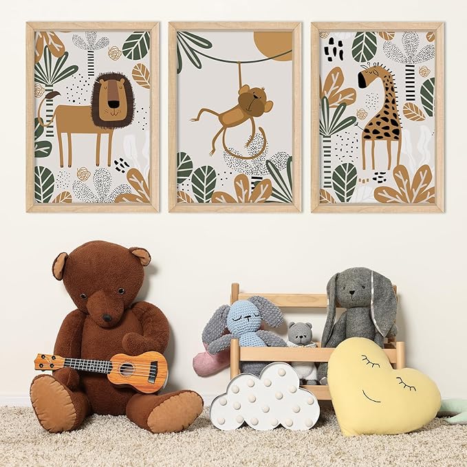 YWJKWLGS Kids Safari Animal Wall Decor, 3 Piece Nursery Art for Baby Room 16"x24" Jungle Theme Cute Lion Monkey Giraffe Prints Sign Wood Framed for Children's Room Toddler Bedroom Decoration (Wood)