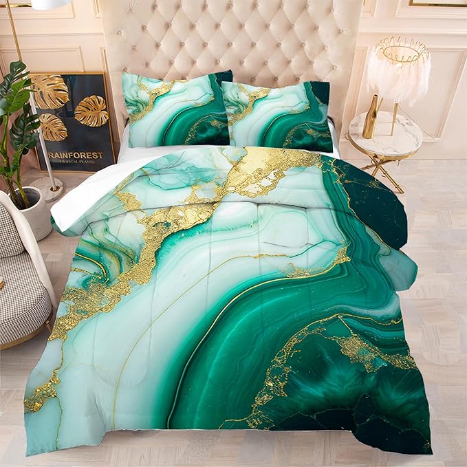 Comforter Set Green Marble: King Size Emerald Green Gold Glitter Bedding Set for Women Adult Girls Bedroom Abstract Turquoise Marbling Quilt Bed Sets 1 Comforter & 2 Pillowcases