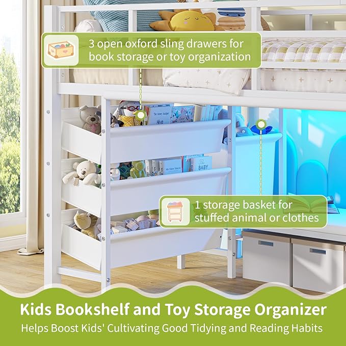 DICTAC Low Loft Bed Twin Size with Reading Corner Metal Twin Loft Bed with LED Lights,Sling Drawers and Bookshelf,loft Bed with Storage Basket and Bins,13.98" H Safety Guardrail and Stairs,White