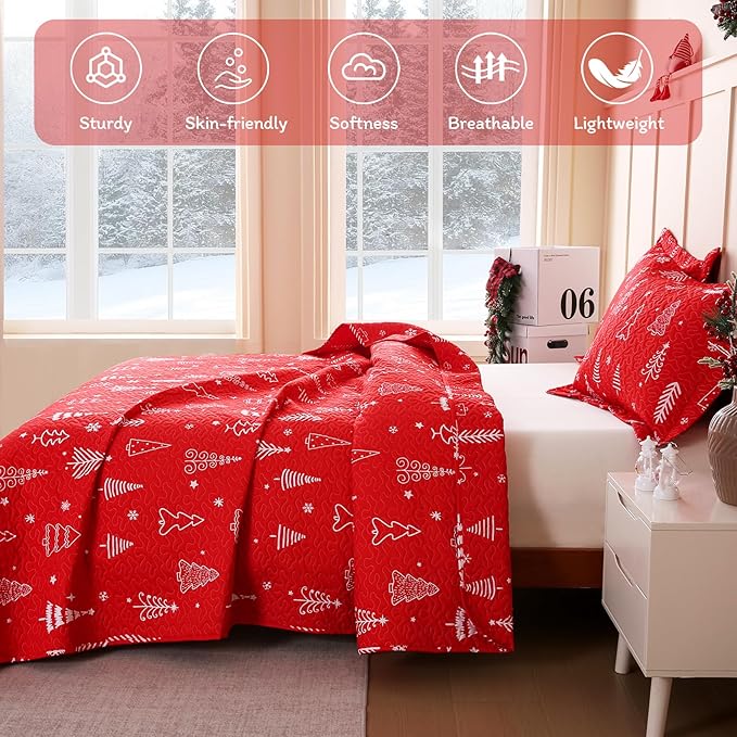 JSD 3 Pcs Kids Christmas Quilt Set Full/Queen, Red Christmas Tree Bedding, Soft Microfiber Bedspread Coverlet Holiday Quilted Blanket