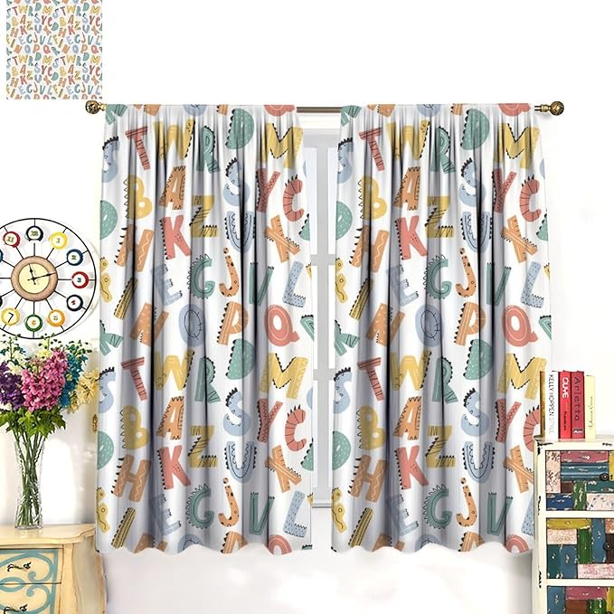 Kids Alphabet Letter Curtains Cute Funny Education Printed Curtain with Rod Pocket for Bedroom Living Room Home Decor Drapes Window Treatments 2 Panels Set 52" W X 84" L