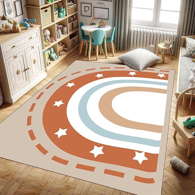 Machine Washable Rainbow Rugs Bedroom Fluffy Plush Soft Area Rugs Star Rainbow Patterns Living Room Non-Slip Indoor Flooring Kids Girls Boys Home Decor Aesthetics 4x5ft