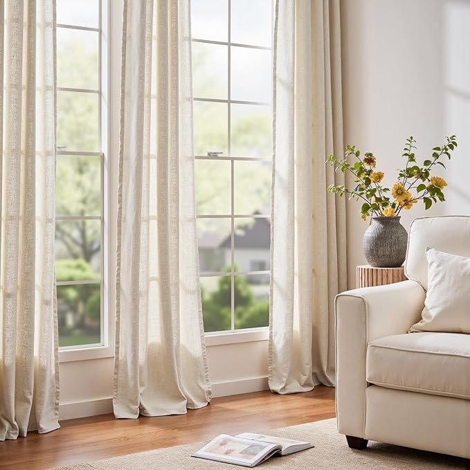 jinchan Beige Linen Blend Curtains 108 Inches Extra Long 2 Panels for Bedroom Living Room, Light Filtering 60 Inches Wide Natural Farmhouse Drapes with Rod Pocket Back Tab (60W x 108L, Ecru)