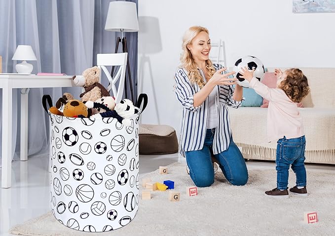 KUNRO Round Basketball Football Laundry Gift Basket Storage Hamper, Kids Toys and Clothes Storage Organizer Bins, Toy Shelf Basket with Handles for Room Decor (Sports ball)