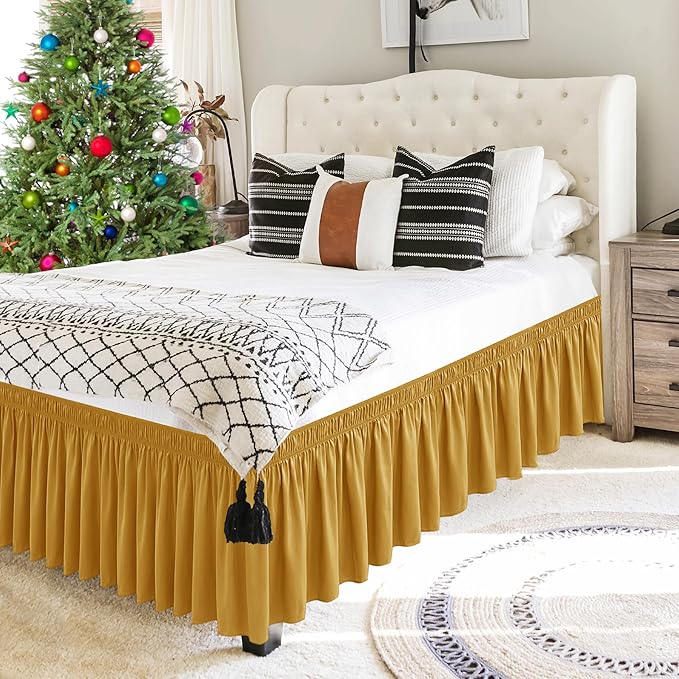 Biscaynebay Wrap Around Bed Skirts for King & Cal King Beds 17" Long Drop, Gold Adjustable Elastic Dust Ruffles Easy Fit Wrinkle Resistant Silky Luxurious Fabric Machine Washable