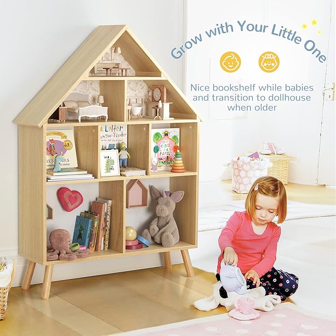 Curipeer Kids Dollhouse Bookshelf and Baby Storage - Wooden Stand Dollhouse Bookcase with 4-Tier Storage Display Organizer, Children Bookshelf for Playing Room, Nursery - Natural Wood Color