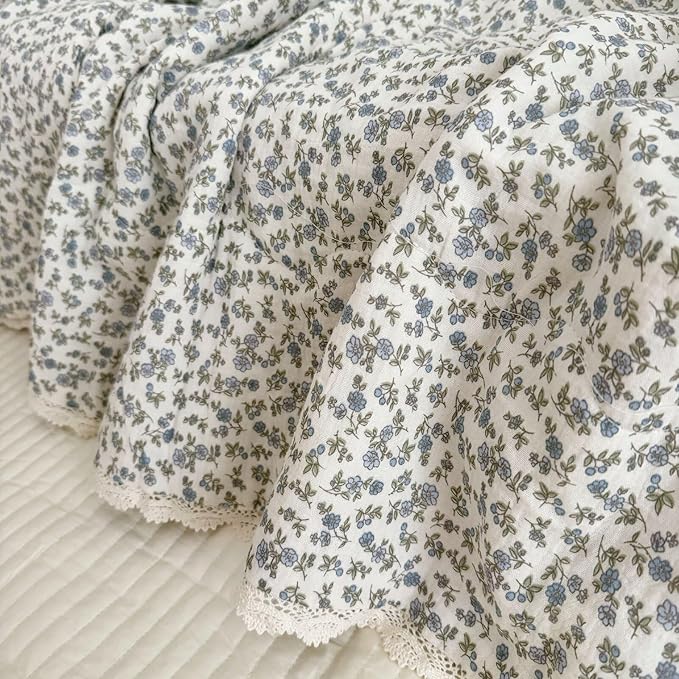 BuLuTu Blue Flower Design Toddler Blanket for Girls Boys Chic Shabby Floral Crib Quilt Soft Lightweight Gauze Cotton Toddler Comforter, All Seasons, Blue Floral Pattern, 60x78 Inches