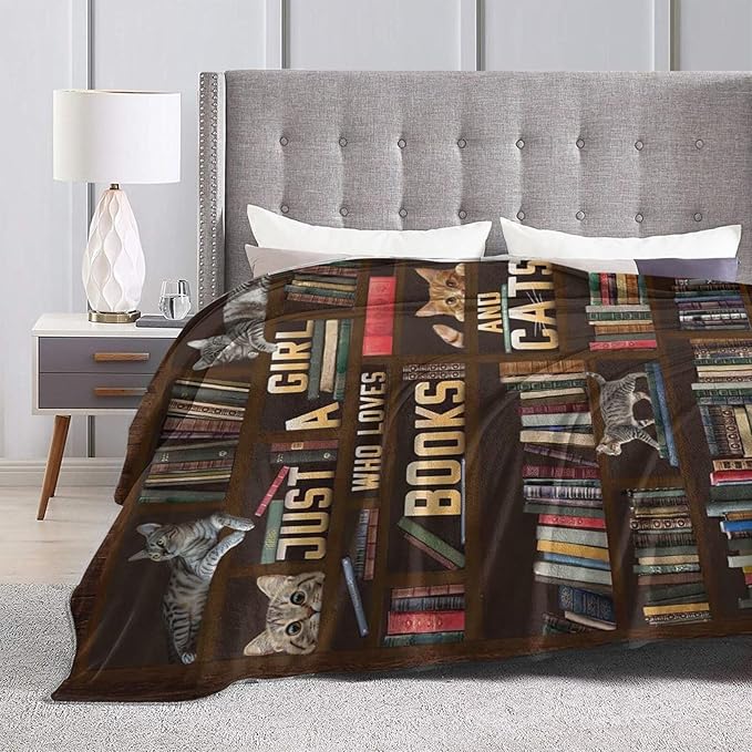 Cute Cat Themed Blanket Just a Girl Who Loves Books and Cats Throw Blankets for Kids Adults Lovers Warm Soft Plush Funny Animal Stuff Fleece Flannel Throws Reading Gifts for Girls Women 50"x40"