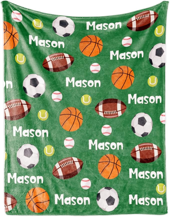 Personalized Ball Blanket with Name for Boys, Custom Name Blanket for Kids Ball, Soft Flannel Ball Toddler Blanket Customized Gift for Birthday Christmas Baby Shower Newborn Gift 60x80in