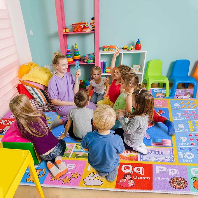Kids Rugs for Playroom - Soft & Non-Slip 5x7 Feet Educational Rug for Learning ABC Alphabet, Numbers, Shapes & Map, Washable Classroom Rug for Toddler Nursery & Kids Room Decor
