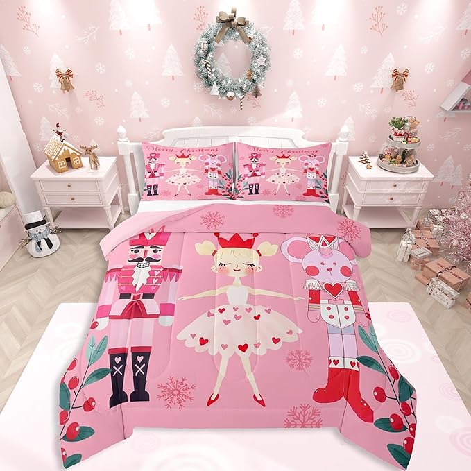 Feelyou Pink Christmas Comforter Set All Season Nutcracker Bedding Set with 2 Pillow Cases Mouse King Microfiber Kids Queen Bedclothes Royal Guarder Ballet Princess Bedroom Decor Duvet Quilt Soft
