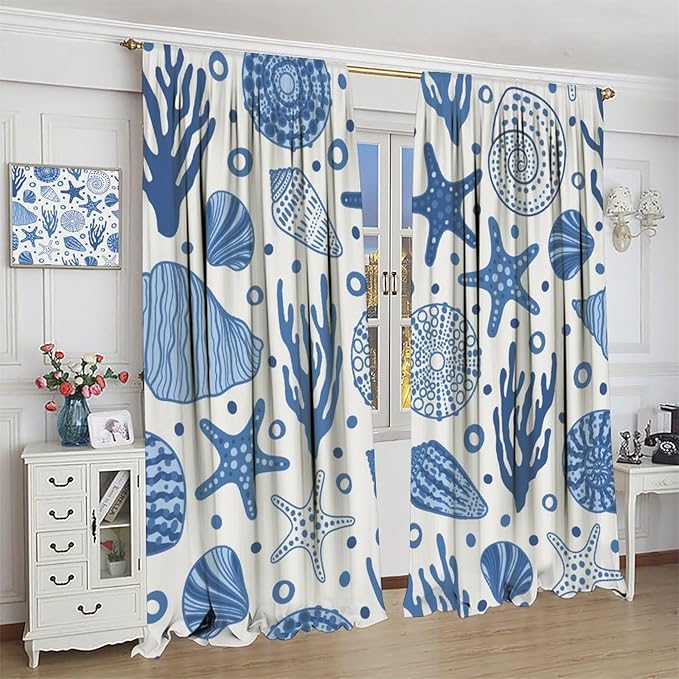 Coastal Nautical Curtains,Coral Starfish Seashell Beach Sea Starfish Seashell Theme Pattern Blackout Print Bedroom Living Room Window Treatmen 7 Panel Set 84x84 Inch