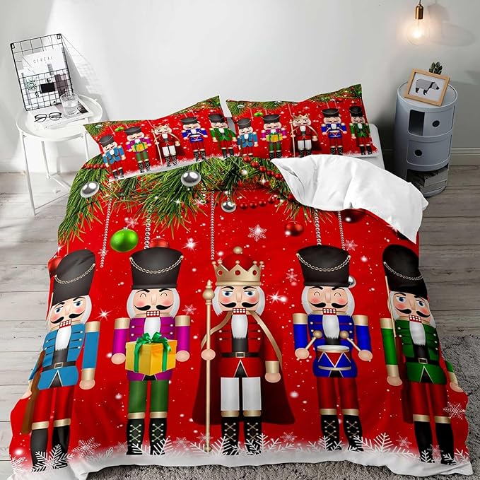 LUVIVIHOME 3PCS Christmas Nutcracker Duvet Cover Full Bedding Set, Teens Boys Girls Kids Bedding, Christmas Balls Snowflake Winter Holiday Festival Xmas Gifts Red Comforter Quilt Cover, 2 Pillow Shams