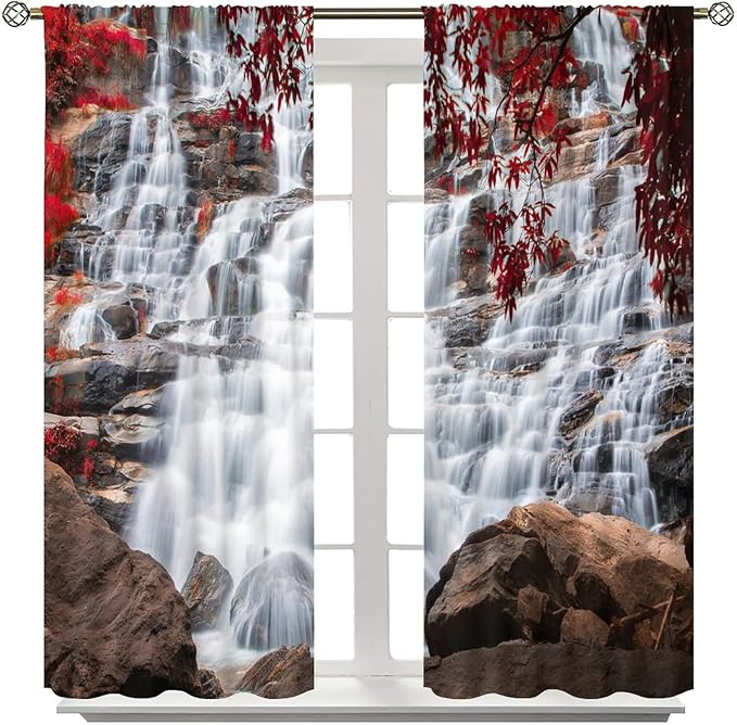 Waterfall Blackout Windows Curtains, Waterfall Red Forest Pattern Nature View Curtains, for Living Room Bedroom 84x84in 2 Panels