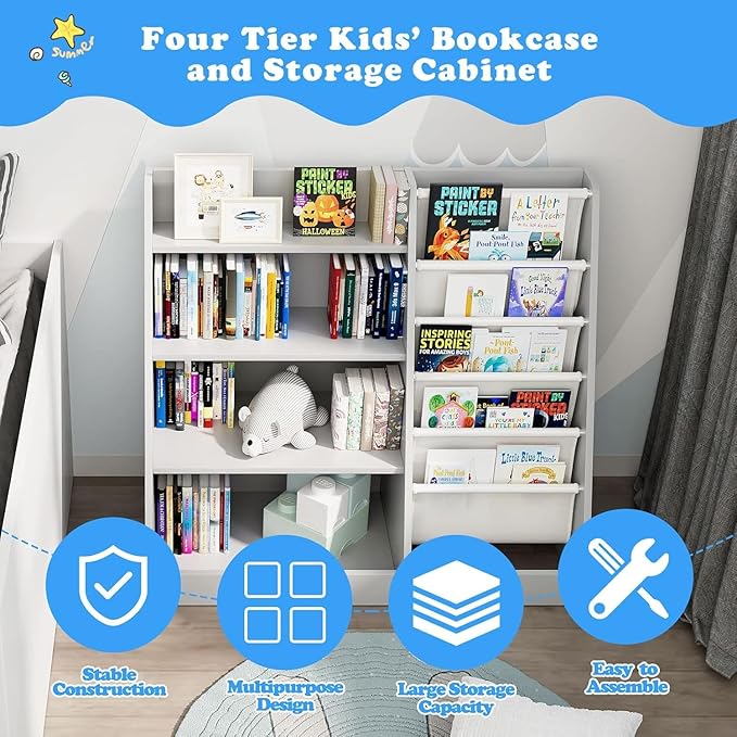 NACHES Montessori Kids Bookshelf Fabric Sling Pockets & Open Shelves – Front Facing Toddler Book Display and Toy Storage Organizer for Nursery Playroom or Bedroom 35" Wide (Gray, Middle)