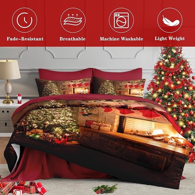 7 Pcs Queen Size Christmas Comforter Set with 2 Pillowcases & 2 Shams, Vintage Fireplace Tree Bedding for Kids and Adults, Winter Holiday Red Socks Bed in a Bag with Flat Fitted Sheet