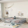 Full Size Floor Bed for Kids, Wood Montessori Floor Beds with Fence Railings, Door & Slats Support, Full Playhouse Bed Frame for Boys Girls, No Box Spring Needed, Gray
