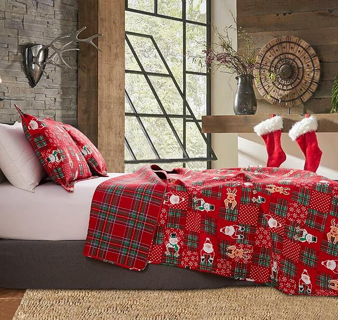 Christmas Quilt Set Queen Size Bedding Reversible Red Green Christmas Plaid Patchwork Quilt Home Holiday Xmas Bedding Bed Set Lightweight Quilt Bedspread Coverlet,Snowman