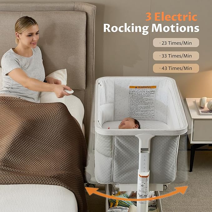 Rocking Bassinet for Baby Electric 3 Motion Automatic Bedside Sleeper Auto Rolling Newborn Cradle Rocks Itself 5 Height Adjustable with Music, Wheels, Storage, Grey & White