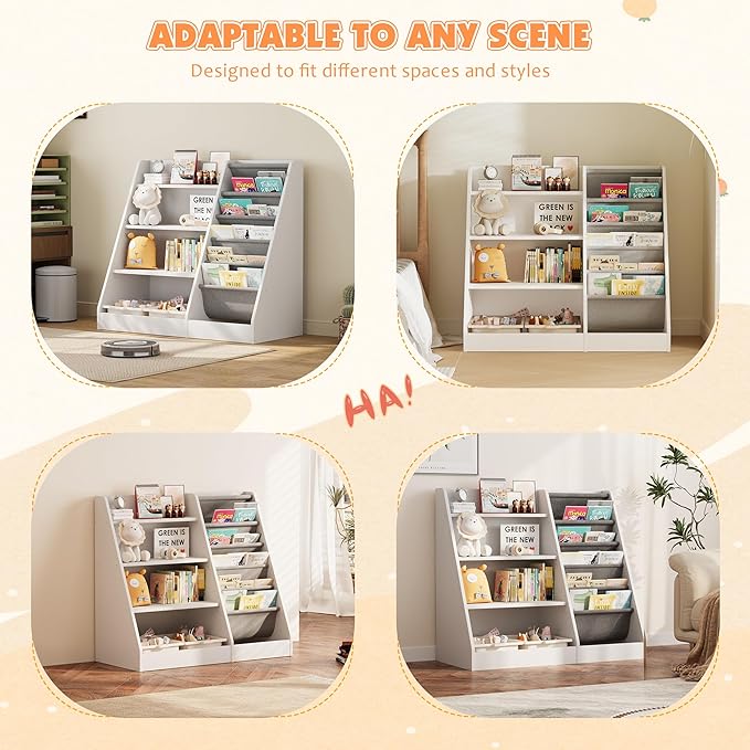 NACHES Montessori Kid Bookshelf White Toddler Bookcase Cabinet Children Book Rack Display Toy Storage Organizer 4 Tier 5 Sling Deep Sleeves Classroom Bedroom Nursery Playroom Wood (White)