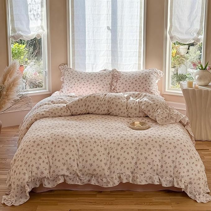 BuLuTu Cottage Floral Duvet Cover King, Ruffles Princess Comforter Cover 90"x104", Muslin Quilt Covers with Zipper, No Pillow Case, Soft Lightweight Gauze Bedding, Machine Washable