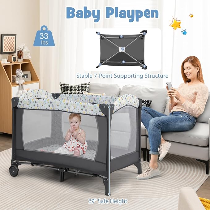 HONEY JOY Pack and Play, 4 in 1 Portable Baby Playard with Bassinet, Changing Table, Lockable Wheels, Music Box, Foldable Travel Baby Crib Nursery Center from Newborn to Toddler (Gray)