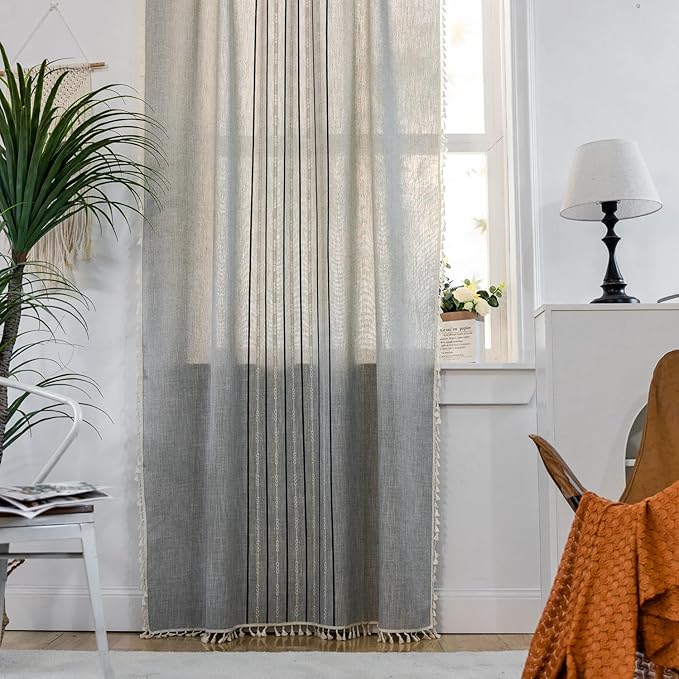 Deeprove Boho Style Curtains 84 inches Long, Vintage Bohemian Embroidery Striped Farmhouse Cotton Linen Fringe Window Treatments Bedroom Nursery Decor, W52 x L84, 1 Panel Dusty Grey and Stone Blue