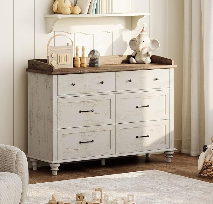WAMPAT Baby Dresser with 6 Drawers for Kids Room, Antique White Kids Dresser Wooden Double Dressers for Bedroom, Storage Organizer for Children’s Bedroom, Nursery Furniture