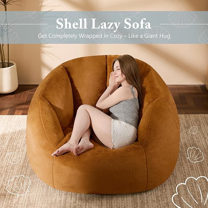 Giant Bean Bag Swivel Chair for Adults with Ottoman - Comfy Plush Round Shell Soft Accent Chaise Lounge Indoor Chair, Oversized Cozy Floor Sofa for Living Room Game Rooms, Orange