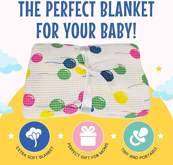 Thermal Waffle Knit Baby Blanket - Soft Breathable Mini Blanket for Newborns and Infants - Toddler Blankey for Strollers, Travel, Naptime and More - 18" x 20" (Balloon Multi, Satin Trim)