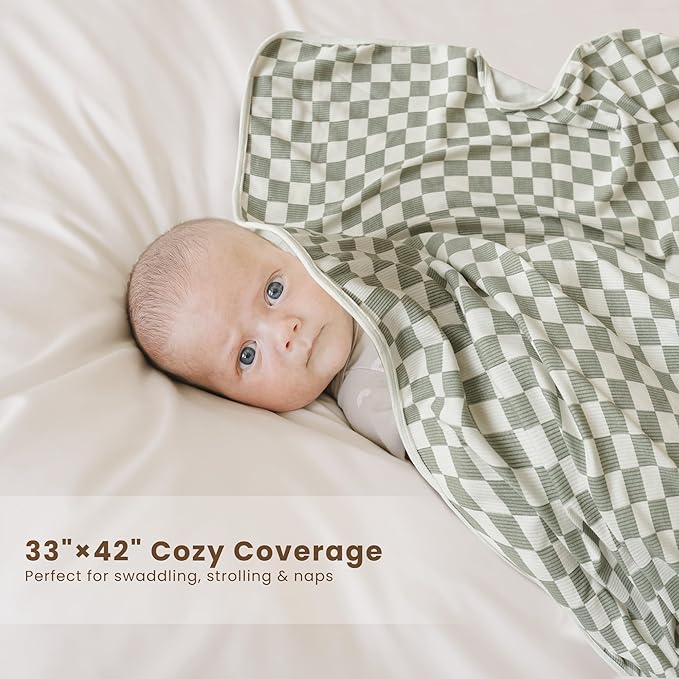 Konssy Knit Baby Blanket 2 Pack, Soft Ribbed Swaddle Receiving Blankets for Boys & Girls, Lightweight Cozy Warm Crib Blanket for Newborns, Infants, & Toddlers, 33x42 Inch (Baby Green Plaid,Green Dino)