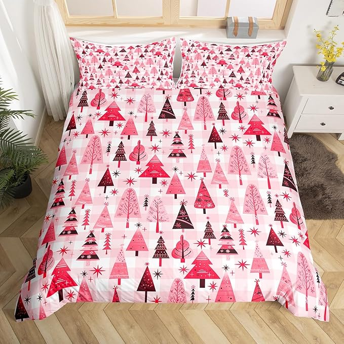 Manfei Cartoon Tree Duvet Cover Set King Size, Christmas Theme Bedding Set 3pcs for Kids Girls Adults, New Year Pink Plaid Comforter Cover Soft Polyester Quilt Cover with 2 Pillowcases,No Comforter