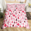 Manfei Cartoon Tree Duvet Cover Set Queen Size, Christmas Theme Bedding Set 3pcs for Kids Girls Adults, New Year Pink Plaid Comforter Cover Soft Polyester Quilt Cover with 2 Pillowcases,No Comforter
